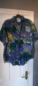 1990’S ABSTRACT LEAF GEOMETRIC PRINT RAYON HAWAIIAN SHIRT GOOUCH m - Picture 1 of 7