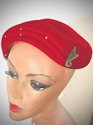 Sombrero Henry Pollak NY de colección de perlas rojas y cuentas para fiesta de té de cóctel de la década de 1950 Foto 1 de 4