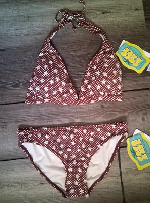 Coco Rave Brown Floral Halter Bikini Swimsuit C Cup XL Top M Bottom - Image 1 of 4