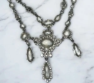 Vintage Victorian Revival Rhinestone Cubic Zirconia Silver Tone Bib Necklace - Picture 1 of 6