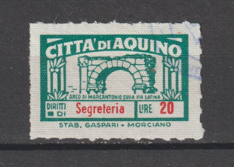 Italy Cinderellas Revenue Stamp Fiscal Diritto Citta di Aquino SegreteriaLire 20 - Image 1 of 1