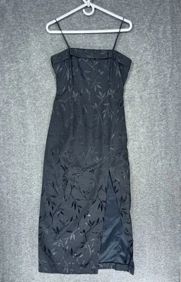 Vintage J.R. Nites By Caliendo Midi Dress Petite 8P Black Floral Front Slit 90s - Image 1 of 4