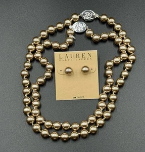 Lauren Ralph Lauren LRL Faux Gold Pearl 17” Necklaces & Earrings 14k Post - Picture 1 of 7