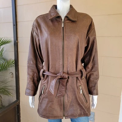 Abrigo de cuero genuino vintage Blueline Company para mujer talla M/L marrón bolsillos para cinturón Foto 1 de 4