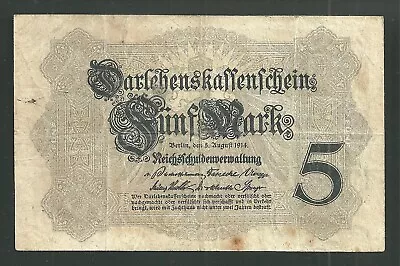 Germany 5 Funf Mark 1914 P# 47B Darlehenskassenschein World Banknote Paper Money - Image 1 of 2