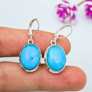 Natural Blue Turquoise Gemstone Handmade 925 Sterling Silver Jewelry Earrings - Picture 1 of 5