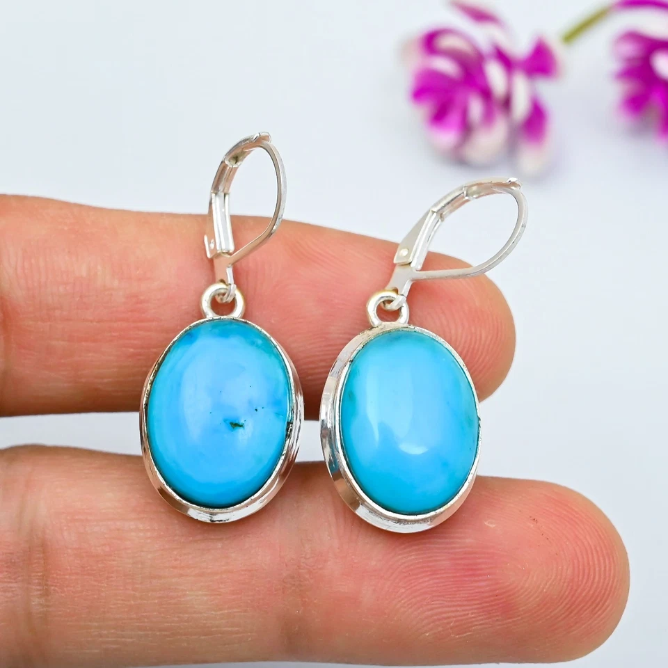 Natural Blue Turquoise Gemstone Handmade 925 Sterling Silver Jewelry Earrings - Image 1 of 4