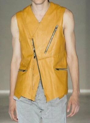 100% Real Leather Yellow Waistcoat Button Western Vest Coat Jacket Lambskin Men - Image 1 of 4