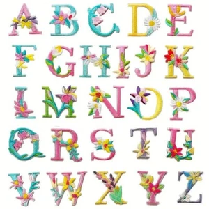 Parches de letras para planchar, flor de la A a la Z de aproximadamente 2" de alto x 1 1/2" de ancho letra seleccionada - Imagen 1 de 3