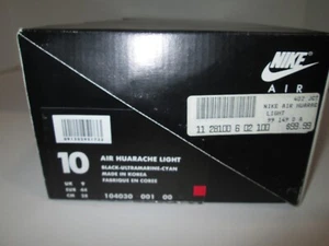 NIKE AIR HUARACHE LIGHT 1990'S Vintage-Box Only BLACK-ULTRAMARINE-CYAN SIZE 10 - Picture 1 of 9