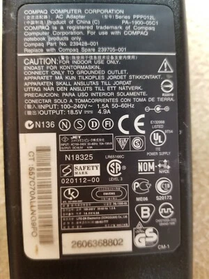 Genuine Compaq PPP012H 18.5V 4.9A 90W AC Adapter/Charger 239428-002/239705-001 - Image 1 of 2