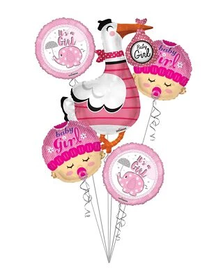 Ramo de globos con cabeza de cigüeña, elefante y bebé It's a Girl (5 globos) Foto 1 de 4