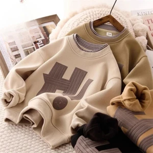 New Kids Sweatshirt Boy Fleece Warm Hoodless Hoodies Letter Printed Casual Tops - Picture 1 of 14