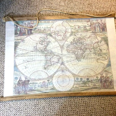 Wall Hanging Vintage Look Printed Tapestry Fabric World Map with Hanger READ - Image 1 of 4