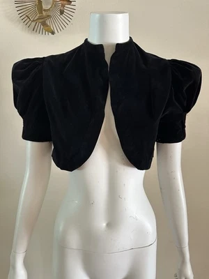 1930s 40s Black Velvet Bolero Jacket Leg Of Mutton Cropped Puff Sleeve Shrug VTG - Image 1 of 4