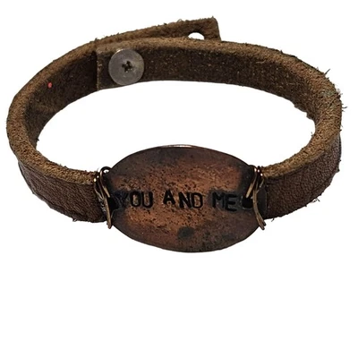 Pulsera de cuero marrón vintage You And Me placa de cobre amor regalo joyería mujer Foto 1 de 4