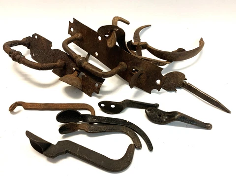 Vintage Door Thumb Latch Handle Parts Lot +Hooks Rustic Salvage Antique Hardware Cover