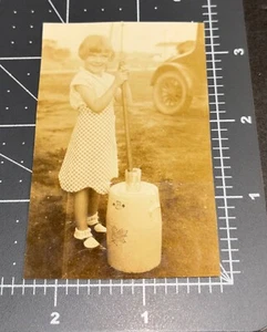 1930s Girl w/ Painted Maple Leaf CROCK JUG Butter Churn POTTERY Vintage PHOTO - Picture 1 of 3