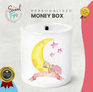 PERSONALISED BEAR ON THE MOON KIDS CHILDREN MONEY BOX - GIFT PRESENT IDEA - Picture 1 of 1