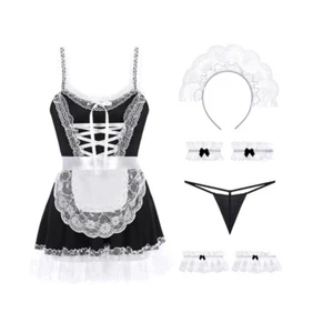 Sexy Lady Lace Up Pyjama Set Lolita Dress Maid Ruffle Headband Briefs Wristband - Picture 1 of 10