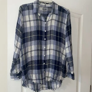 Aerie Blue Plaid Button Down Flannel Raw Hem Size Medium M - Picture 1 of 5