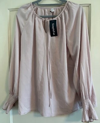 SIMPLE FUN, PALE PINK MAUVE, PULLOVER BLOUSE, PEASANT, TIE FRONT NEW TAGS - Image 1 of 4