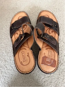 New Born brown leather double strap open toe sandals slip on clogs wedges 8M - Picture 1 of 9
