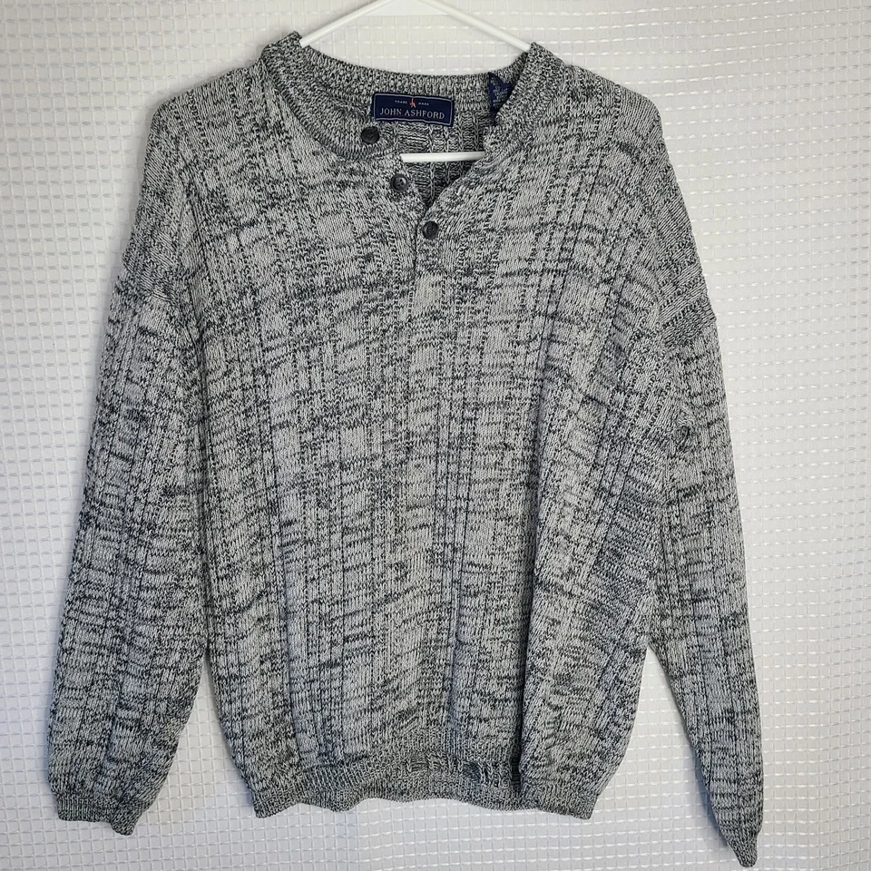 Suéter John Ashford Y2K Años 90 Para Hombres Talla L Gris Grueso Henley Jaspeado  Foto 1 de 4