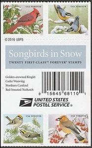 US 5126-5129 5129a Songbirds in Snow F gutter label block 4 MNH 2016 - Picture 1 of 1