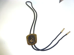 Western BOLO TIE GOLD Tone Black Leather - Picture 1 of 4