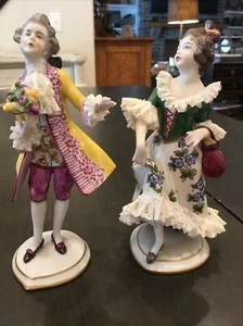 Antique pair of Dresden porcelain ornate lace 6” figurines dancing man woman - Picture 1 of 10
