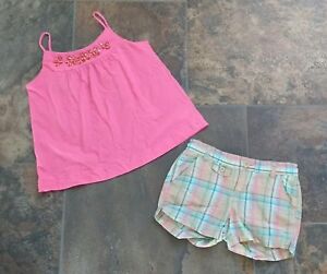 Gap Kids Girls Sz S 6 7 Pink Tank Top Madras Plaid Blue Tan White Canvas Shorts