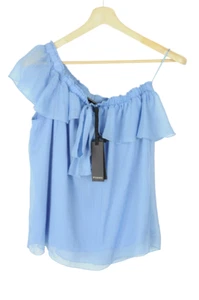 PINKO Blouse Women's UK 12 Sleeveless Off Shoulder Elastic Ruffle Blue - Picture 1 of 6