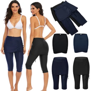 Womens High Waisted Modest Swim Leggings Skirted Crop Capri Skirt Bikini Bottom - Picture 1 of 14