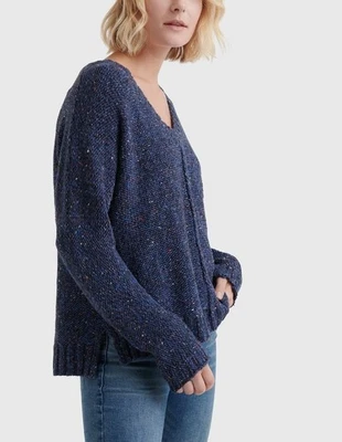 Suéter Lucky Brand para mujer talla L grueso tejido azul moteado cuello en V holgado cómodo Foto 1 de 4