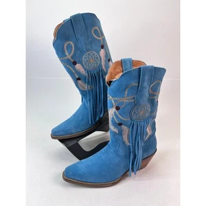Dingo Daydream Blau Wildleder Leder Fransen Traumfänger Western Cowgirl Stiefel - Bild 1 von 8