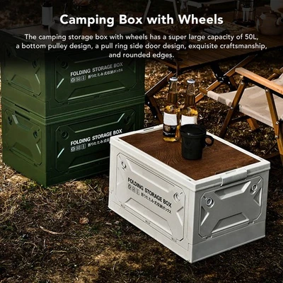 Folding Camping Storage Box With Wooden Lid Collapsible Storage Bin Container - Image 1 of 4