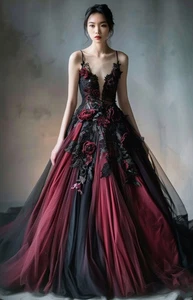Gothic Black and Red Wedding Dresses with Straps Lace Appliques Bridal Gowns - Picture 1 of 9