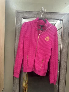 Ralph Lauren Mujeres Grande Tejido con Cable Suéter Chaqueta Cremallera Completa Cresta Rosa Preppy - Imagen 1 de 5