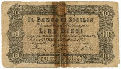 10 LIRE FALSO D'EPOCA BANCO DI SICILIA FEDE DI CREDITO R D'ITALIA 27/04/1870 MB+ - Image 1 of 4