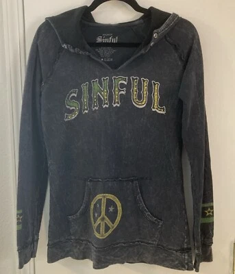 Sinful Women’s Hoodie Embellished Distressed Size Medium Charcoal  - Image 1 of 4