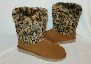 NIB Koolaburra By UGG Womens Dezi Short Leopard Suede Fur Boots Chestnut Size 6 - Picture 1 of 8