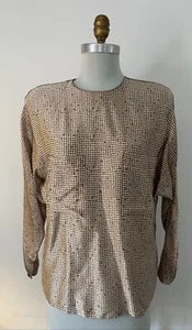 ELLEN TRACY brown & ivory check print 100% silk back button blouse~6~NICE - Picture 1 of 2