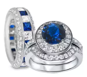 His and Her Wedding Engagement Ring Set Blue Simulated Sapphire Wedding Set - Picture 1 of 6