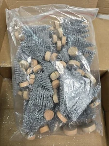 50 Mini Xmas Silver Tree Bottle Brush Trees Wooden Base Artificial Small Glitter - Picture 1 of 10