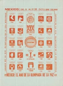 F-EX15631 OLYMPIC GAMES MEXICO 1968 ORANGE CINDERELLA SHEET GREEN PAPER NO GUM - Picture 1 of 1