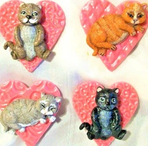 KITTEN HEARTS MAGNETS - Set of 4 - Polymer Clay frig kitty cat Black Orange Grey - Picture 1 of 3