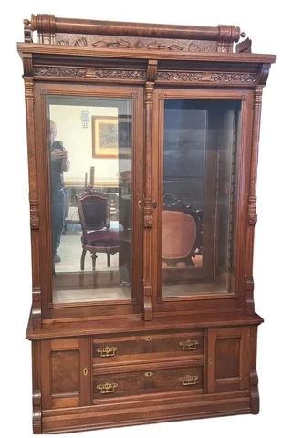 fine eastlake victorian two door bookcase walnut heavily carved clean & ready Cover
