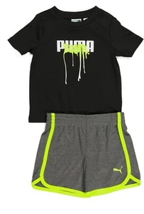 Puma Baby Jungen sportliche Shorts & T-Shirt Set. Größe 0-3 Monate grau schwarz Limette - Bild 1 von 5
