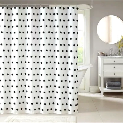 Madison Park Ashley Fabric Shower Curtain with Black Pom Poms 72 x 72 - Image 1 of 4